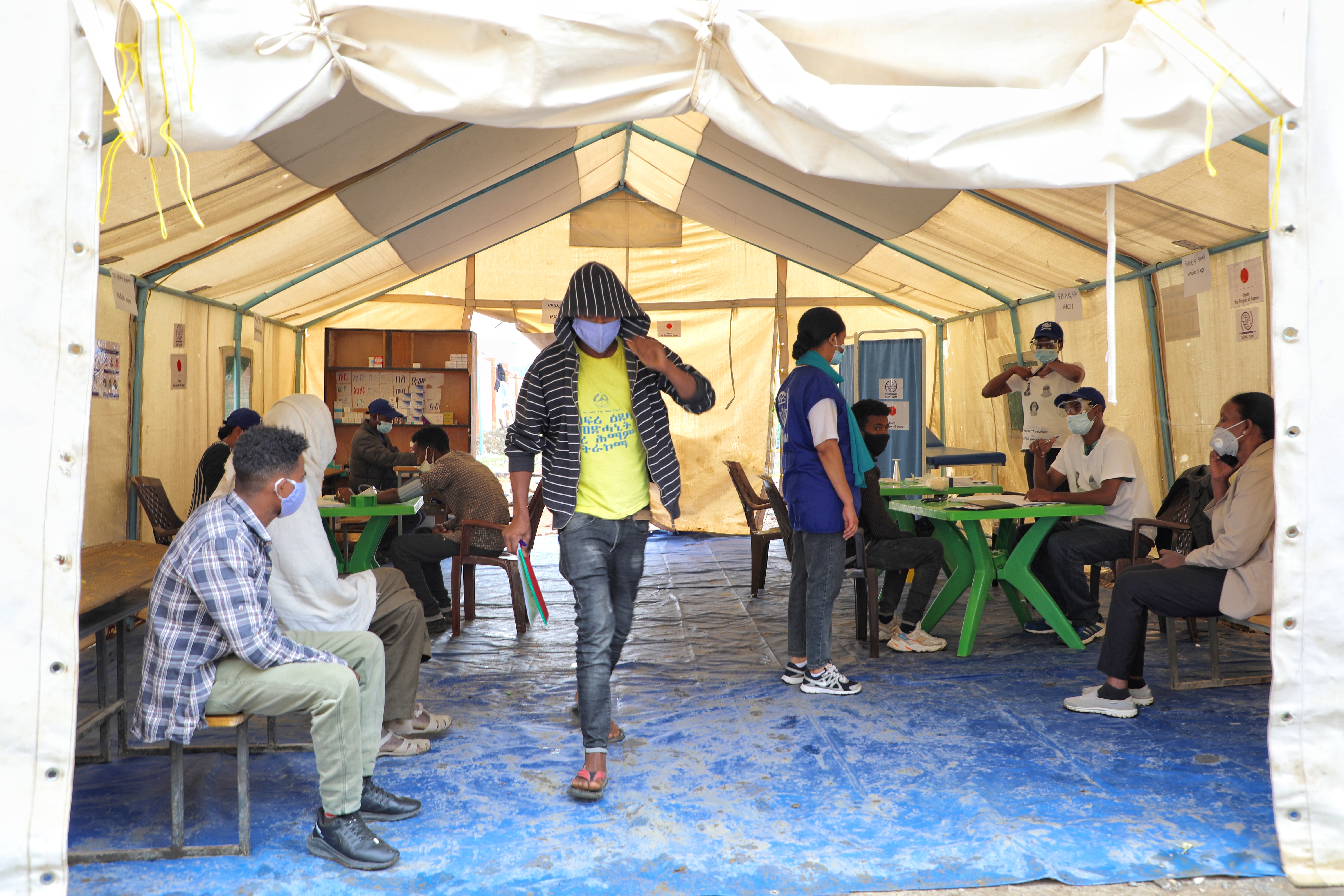 A mobile health clinic set up in an IDP site in Mekelle, Tigray, providing services to hundreds of IDPs every day. Photo: IOM/Kaye Viray